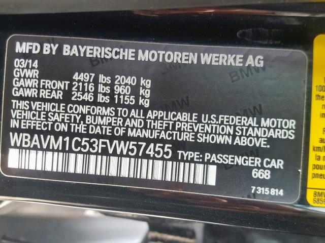 WBAVM1C53FVW57455 - 2015 BMW X1 SDRIVE2 BLACK photo 10