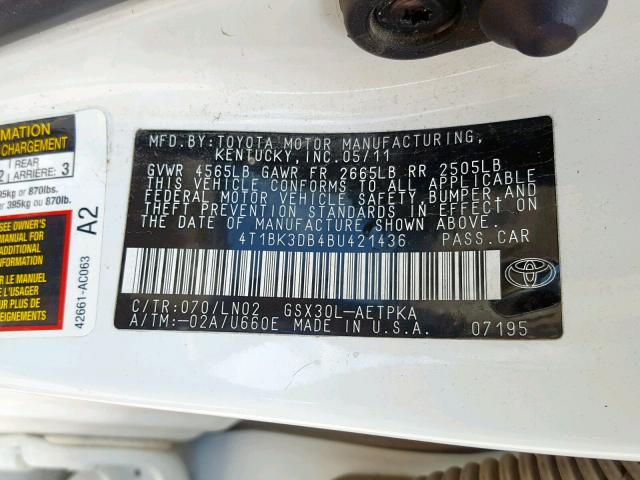 4T1BK3DB4BU421436 - 2011 TOYOTA AVALON BAS თეთრი ფოტო 10