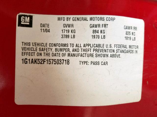 1G1AK52F157503718 - 2005 CHEVROLET COBALT RED photo 10