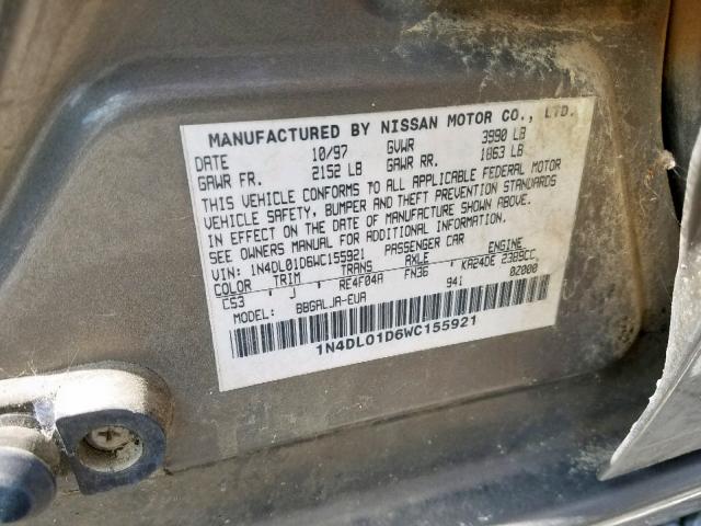 1N4DL01D6WC155921 - 1998 NISSAN ALTIMA XE GRAY photo 10