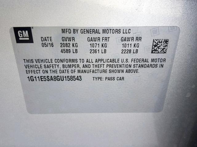 1G11E5SA8GU158543 - 2016 CHEVROLET MALIBU LIM SILVER photo 10