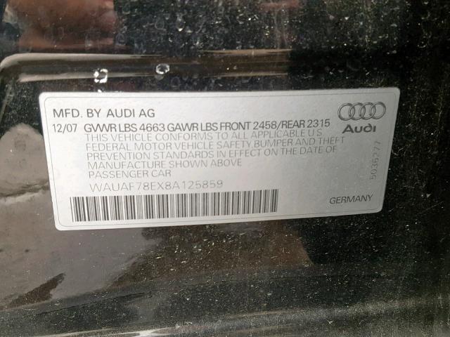 WAUAF78EX8A125859 - 2008 AUDI A4 2.0T BLACK photo 10