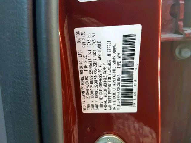 JHLRE48738C071546 - 2008 HONDA CR-V EXL MAROON photo 10