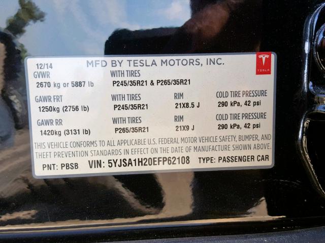 5YJSA1H20EFP62108 - 2014 TESLA MODEL S BLACK photo 10