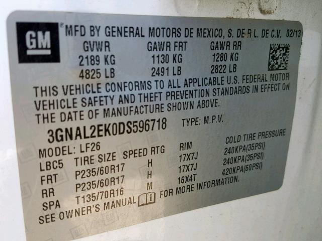 3GNAL2EK0DS596718 - 2013 CHEVROLET CAPTIVA LS 白色 照片 10