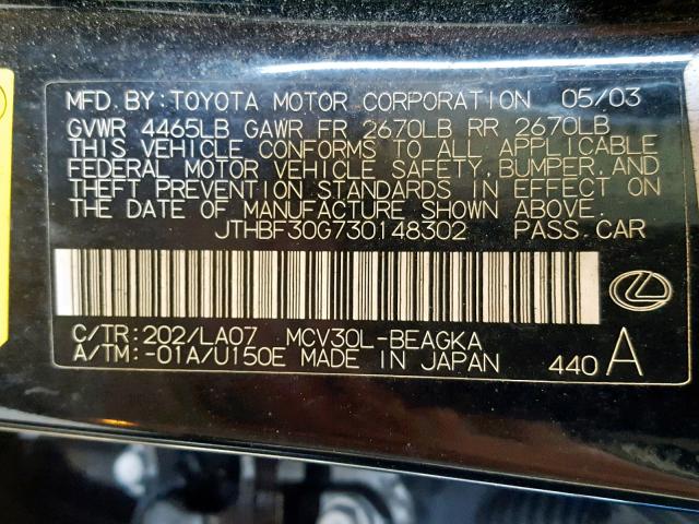 JTHBF30G730148302 - 2003 LEXUS ES 300 BLACK photo 10