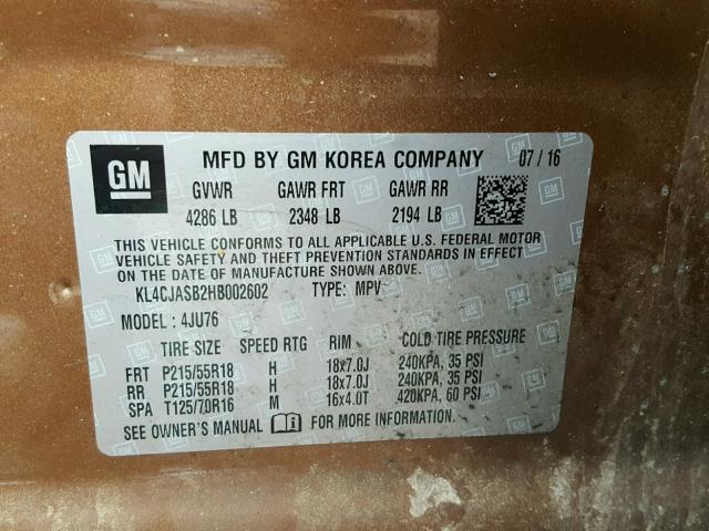 KL4CJASB2HB002602 - 2017 BUICK ENCORE PRE BROWN photo 10