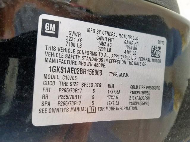 1GKS1AE02BR156063 - 2011 GMC YUKON SLE BLACK photo 10