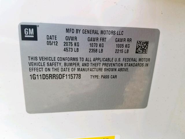 1G11D5RR9DF115778 - 2013 CHEVROLET MALIBU 1LT 白色 照片 10