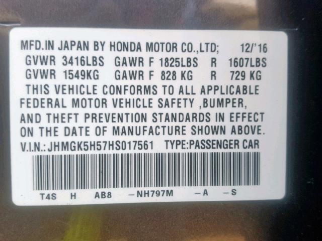 JHMGK5H57HS017561 - 2017 HONDA FIT LX GRAY photo 10