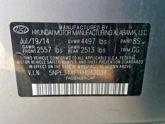 5NPE34AF1FH042034 - 2015 HYUNDAI SONATA SPO GRAY photo 10