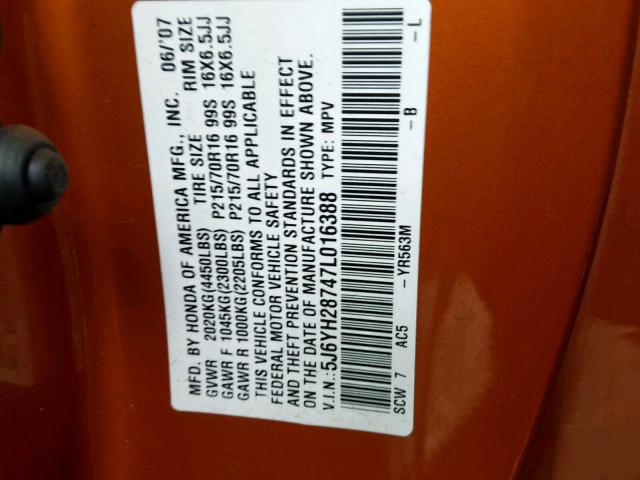 5J6YH28747L016388 - 2007 HONDA ELEMENT EX ORANGE photo 10