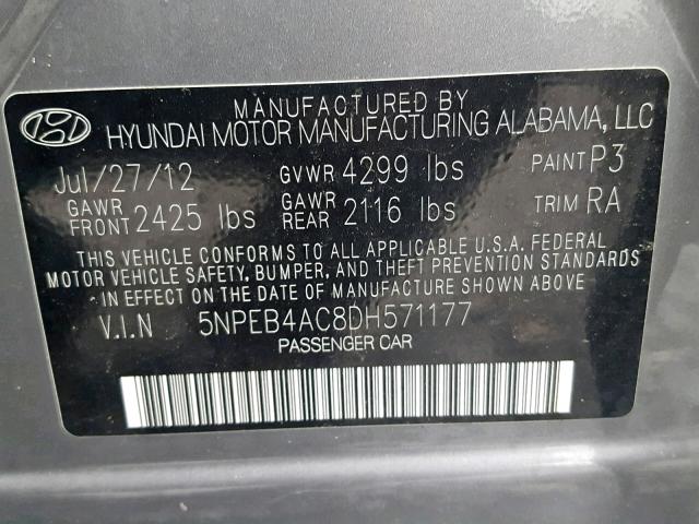 5NPEB4AC8DH571177 - 2013 HYUNDAI SONATA GLS SILVER photo 10