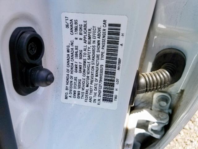 2HGFC2F79HH550579 - 2017 HONDA CIVIC EX WHITE photo 10