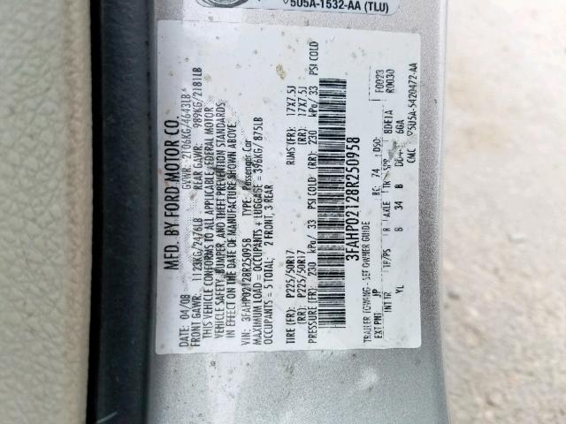 3FAHP02128R250958 - 2008 FORD FUSION SEL SILVER photo 10