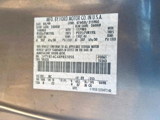 1FTYR14C4XPB51055 - 1999 FORD RANGER SUP GRAY photo 10