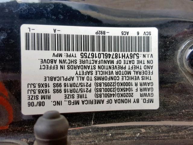 5J6YH18746L016755 - 2006 HONDA ELEMENT EX BLACK photo 10