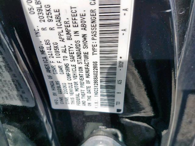 1HGCS12868A022866 - 2008 HONDA ACCORD EXL BLACK photo 10