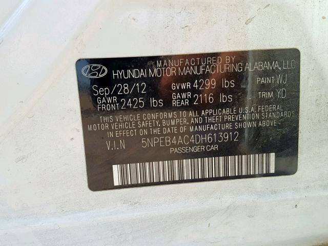 5NPEB4AC4DH613912 - 2013 HYUNDAI SONATA GLS WHITE photo 10