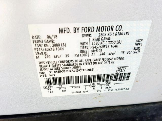 1FM5K8D87JGC15085 - 2018 FORD EXPLORER X Սպիտակ լուսանկար 10