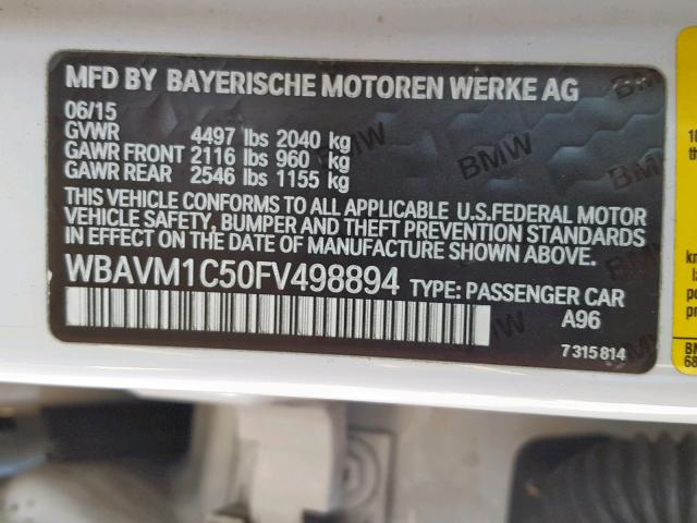 WBAVM1C50FV498894 - 2015 BMW X1 SDRIVE2 WHITE photo 10