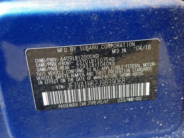 JF1VA1H62J9839068 - 2018 SUBARU WRX LIMITE BLUE photo 10