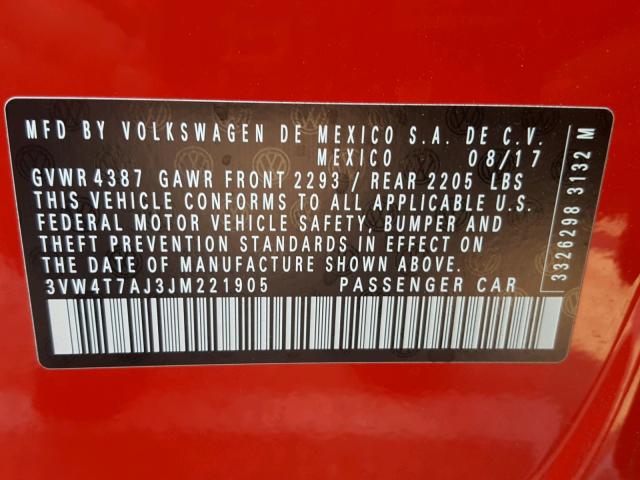 3VW4T7AJ3JM221905 - 2018 VOLKSWAGEN JETTA GLI RED photo 10