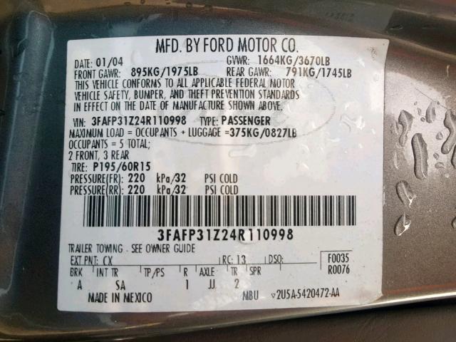 3FAFP31Z24R110998 - 2004 FORD FOCUS ZX3 CHARCOAL photo 10