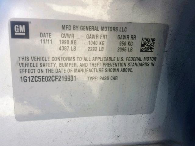 1G1ZC5E02CF219931 - 2012 CHEVROLET MALIBU 1LT 银色 照片 10