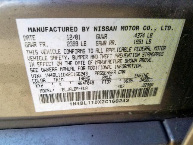 1N4BL11DX2C168243 - 2002 NISSAN ALTIMA SE GOLD photo 10