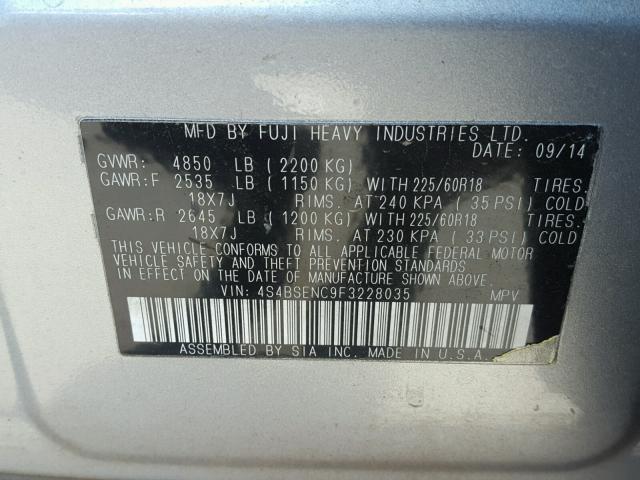 4S4BSENC9F3228035 - 2015 SUBARU OUTBACK 3. SILVER photo 10