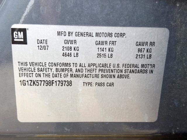 1G1ZK57798F179738 - 2008 CHEVROLET MALIBU LTZ ნაცრისფერი ფოტო 10