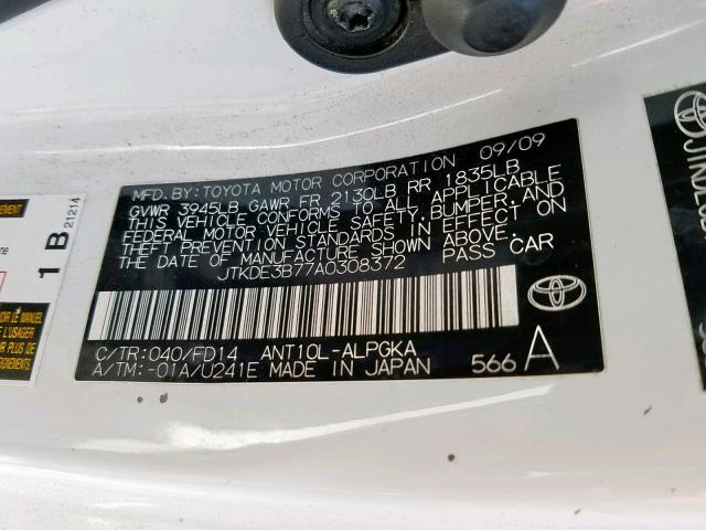 JTKDE3B77A0308372 - 2010 TOYOTA SCION TC თეთრი ფოტო 10