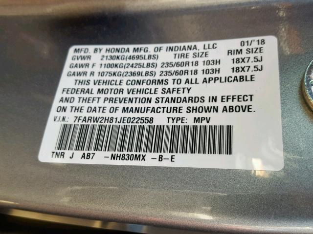 7FARW2H81JE022558 - 2018 HONDA CR-V EXL SILVER photo 10