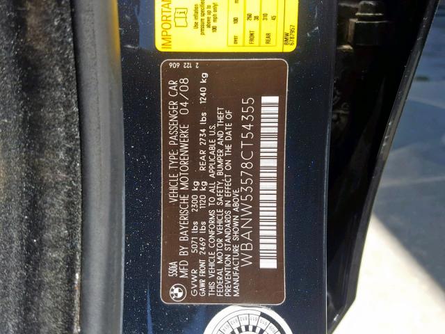 WBANW53578CT54355 - 2008 BMW 550 I BLACK photo 10