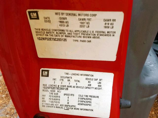 1G2NF52E73C283126 - 2003 PONTIAC GRAND AM S RED photo 10