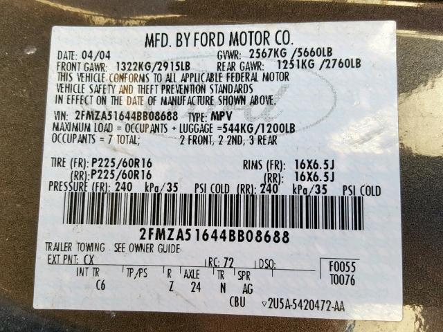 2FMZA51644BB08688 - 2004 FORD FREESTAR S GRAY photo 10