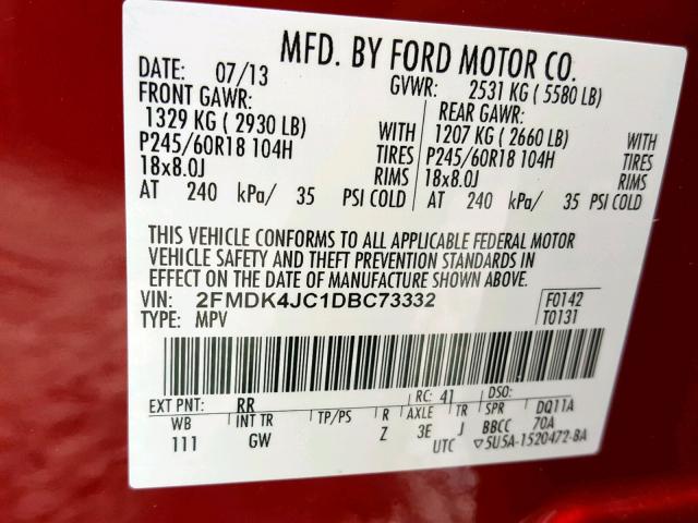 2FMDK4JC1DBC73332 - 2013 FORD EDGE SEL RED photo 10