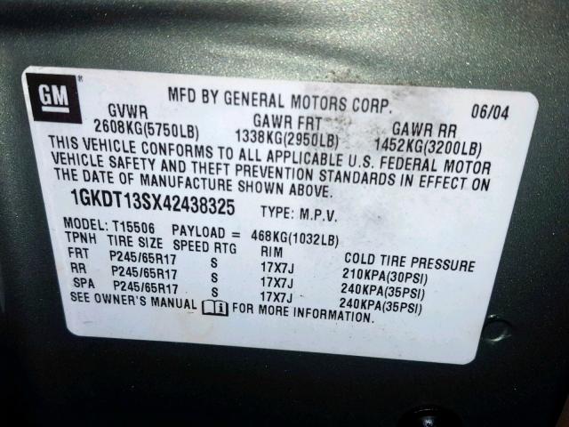 1GKDT13SX42438325 - 2004 GMC ENVOY GOLD photo 10