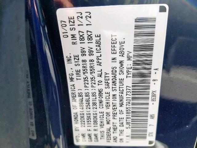 5J8TB18557A017377 - 2007 ACURA RDX TECHNO BLUE photo 10