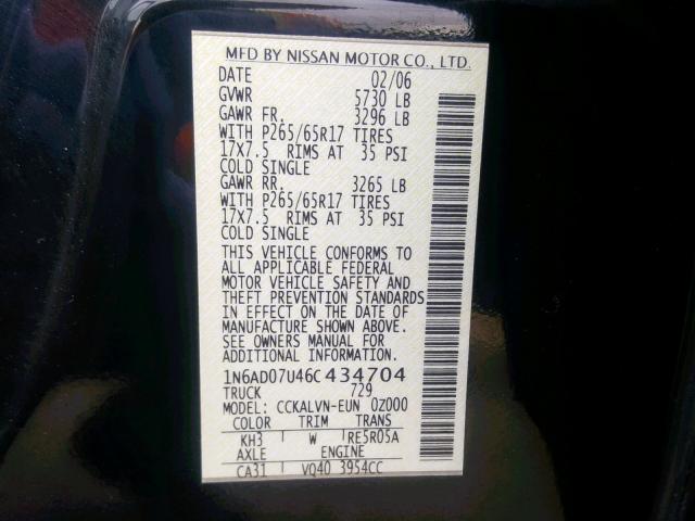 1N6AD07U46C434704 - 2006 NISSAN FRONTIER C BLACK photo 10