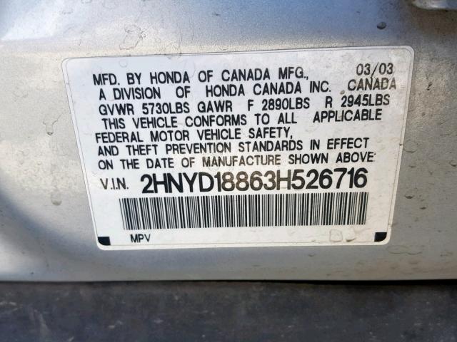 2HNYD18863H526716 - 2003 ACURA MDX TOURIN SILVER photo 10