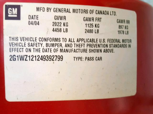 2G1WZ121249392799 - 2004 CHEVROLET MONTE CARL წითელი ფოტო 10