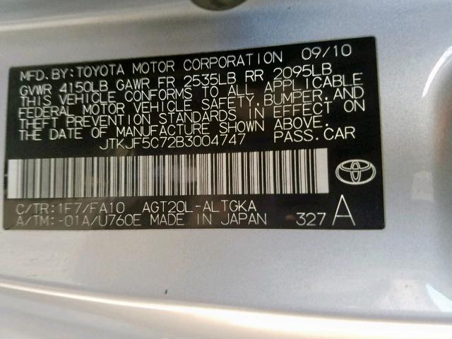 JTKJF5C72B3004747 - 2011 TOYOTA SCION TC ვერცხლისფერი ფოტო 10