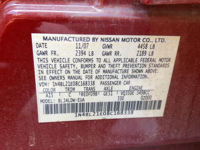 1N4BL21E08C168338 - 2008 NISSAN ALTIMA 3.5 RED photo 10