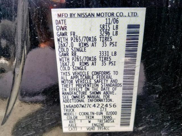 1N6AD07W27C422456 - 2007 NISSAN FRONTIER C BLACK photo 10