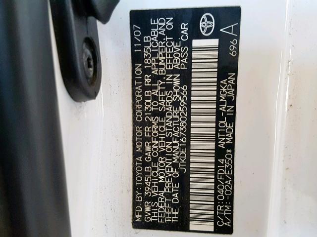 JTKDE167380259566 - 2008 TOYOTA SCION TC თეთრი ფოტო 10