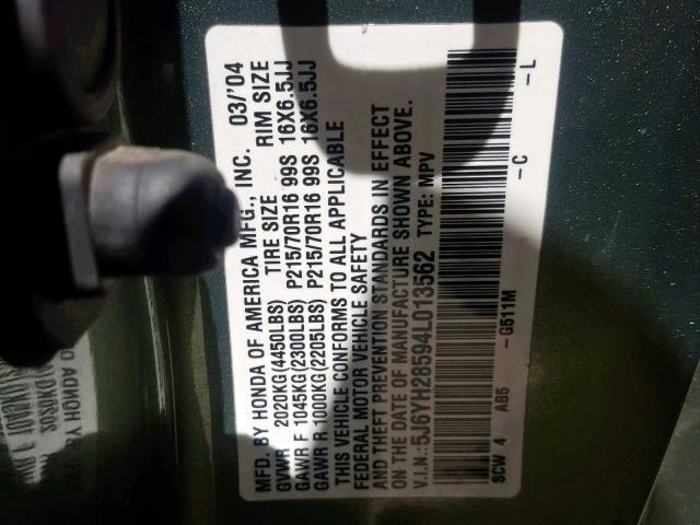 5J6YH28594L013562 - 2004 HONDA ELEMENT EX GREEN photo 10