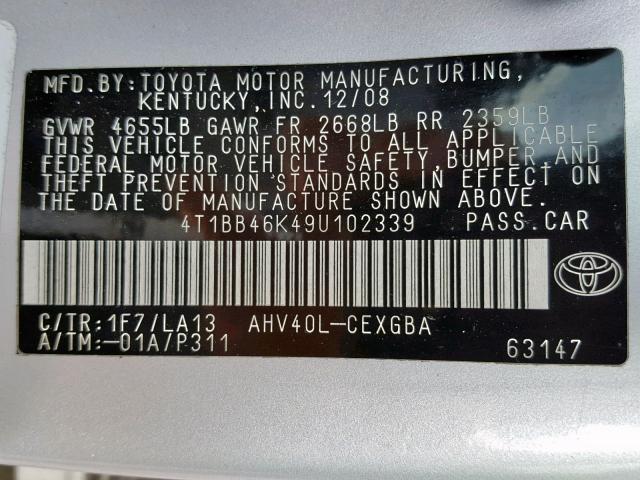 4T1BB46K49U102339 - 2009 TOYOTA CAMRY HYBR SILVER photo 10