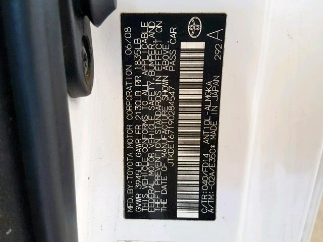 JTKDE167190284547 - 2009 TOYOTA SCION TC თეთრი ფოტო 10